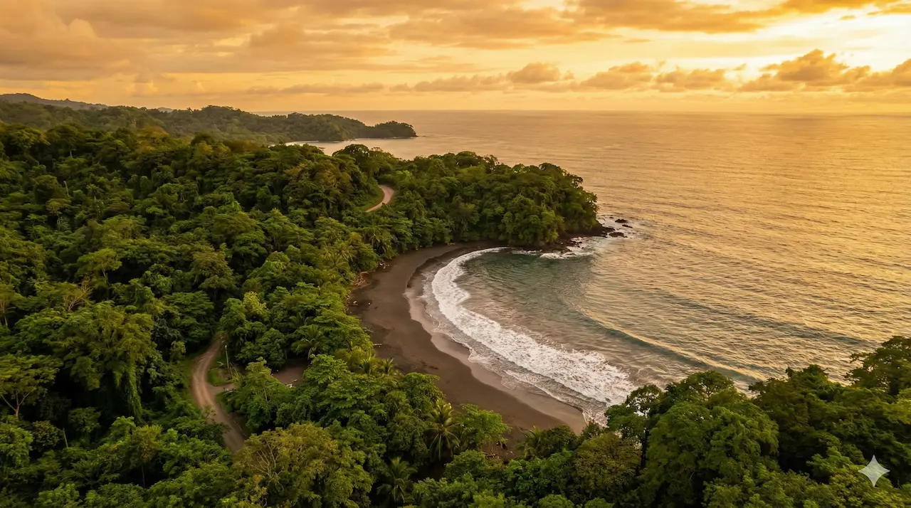 Costa Rica coastline with tropical rainforest and beach at sunset